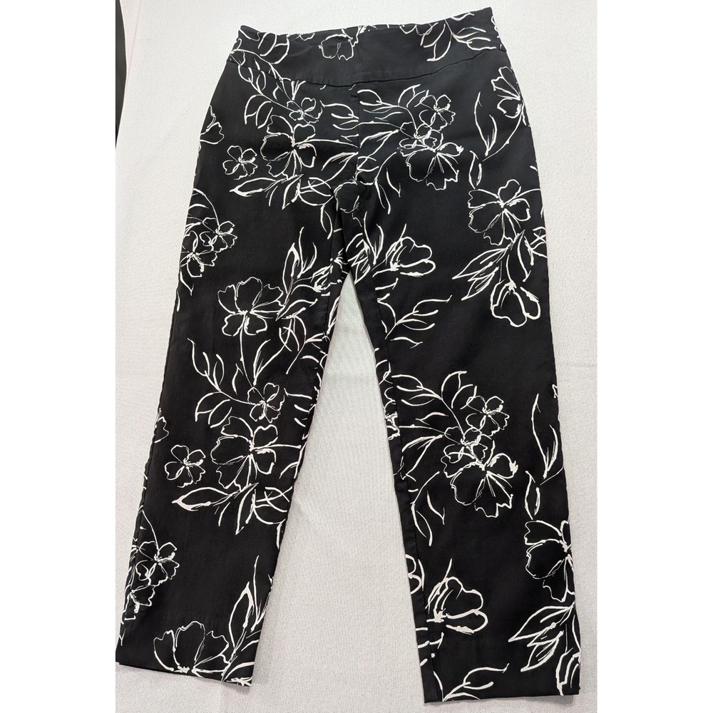 Zac & Rachel Crop Pants Women 12 Black White Excellent Floral Sketch Pull On